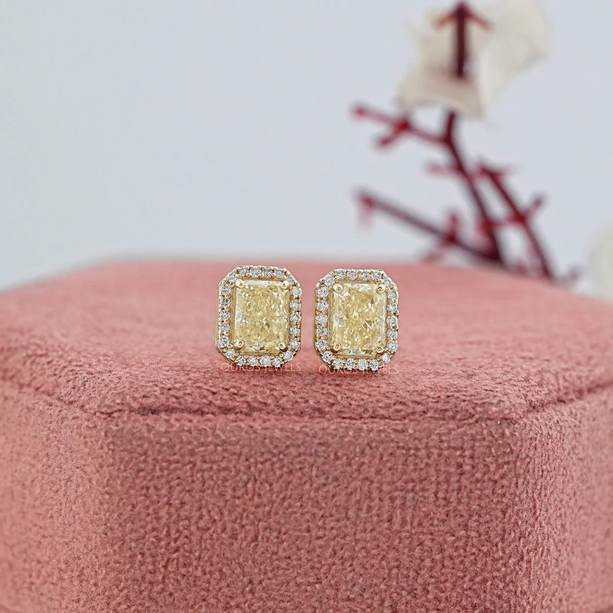 Radiant Yellow Lab Diamond Halo Stud Earrrings Earrings