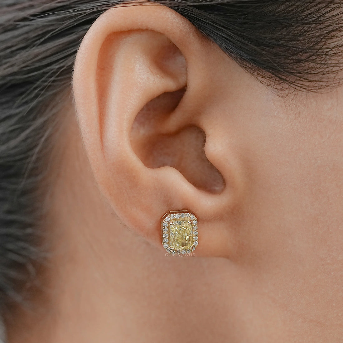 Radiant Yellow Lab Diamond Halo Stud Earrrings Earrings