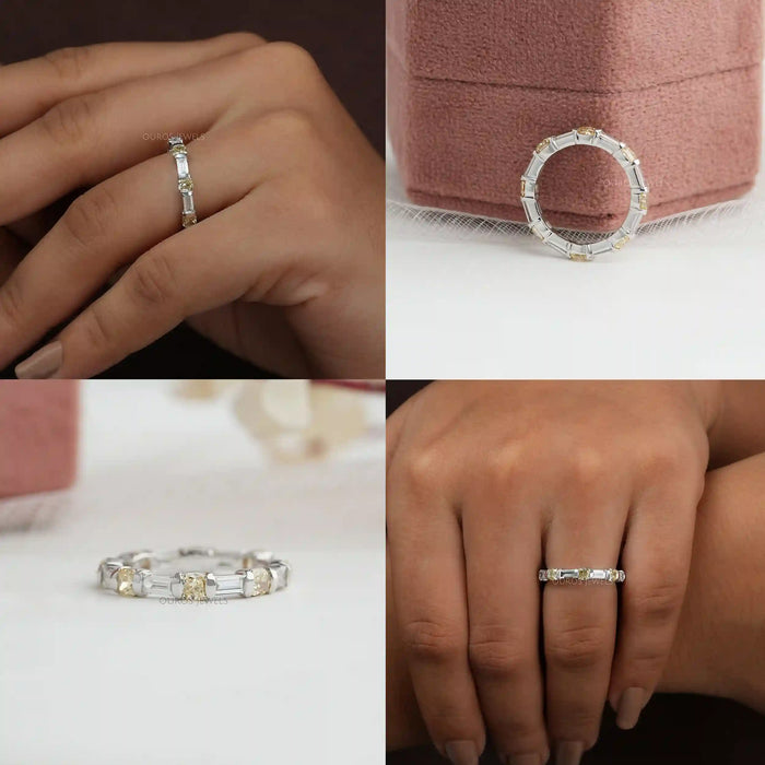 [Collage of Yellow Cushion and Bagauette Cut Wedding Band]-[Ouros Jewels]