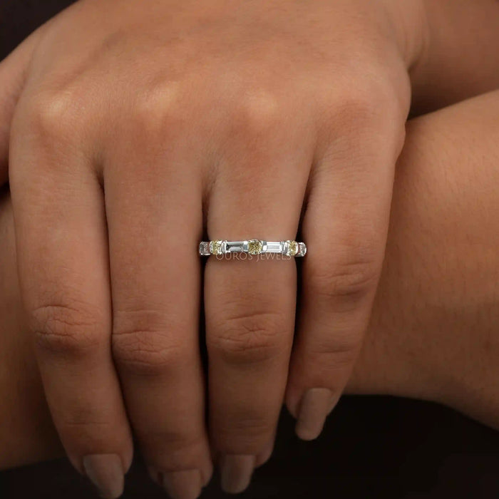 [A Women wearing Cushion and Baguette Cut Wedding Band]-[Ouros Jewels]