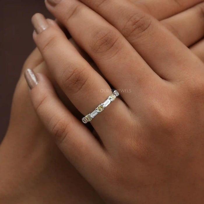 [A Women wearing Cushion and Baguette Cut Wedding Ring]-[Ouros Jewels]