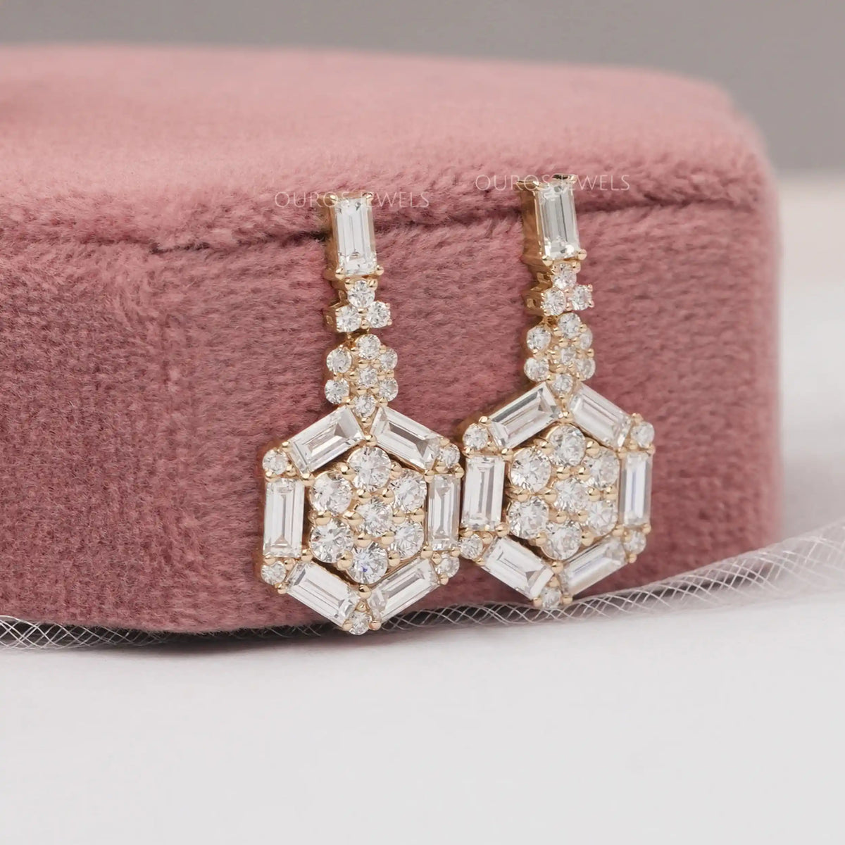 Hexagon Shape Baguette And Round Cut Screw Back Earrings
