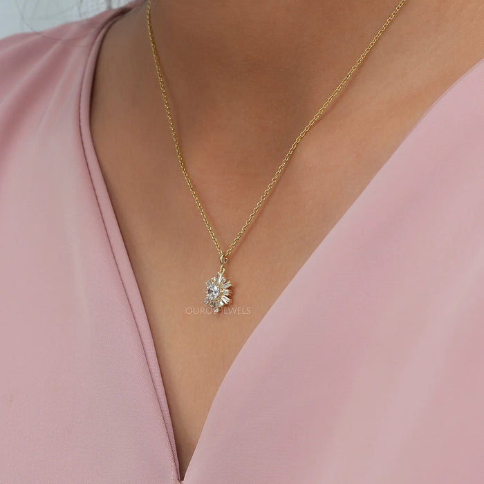 Tapered Baguette And Round Cluster Diamond Necklace