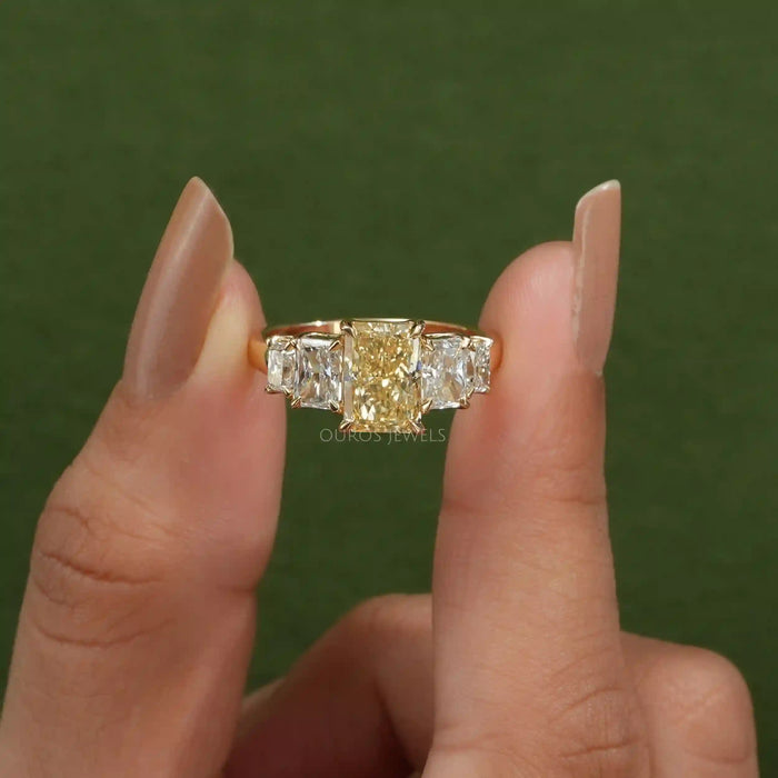 [Yellow Radiant Cut Five Stone Diamond Ring]-[Ouros Jewels]
