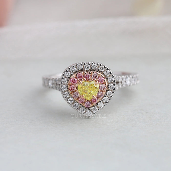 [Yellow and Pink Colored Diamond Double Halo Engagement Ring]-[Ouros Jewels]