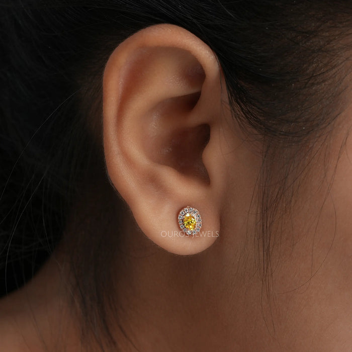 Yellow Princess & Oval Diamond Halo Stud Earrings