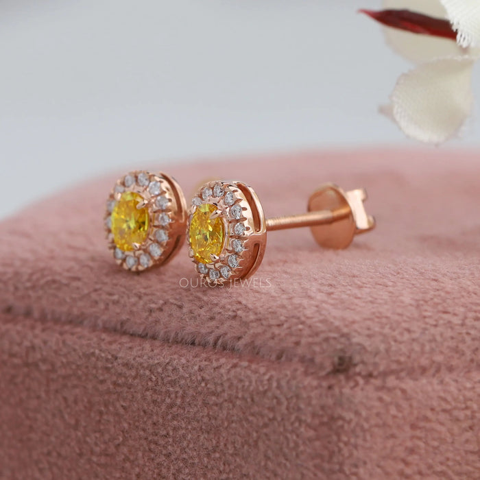 Yellow Princess & Oval Diamond Halo Stud Earrings