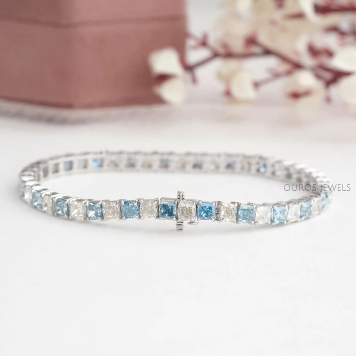 [Back View of Blue Cushion Cut Lab Diamond Bracelet]-[Ouros Jewels]