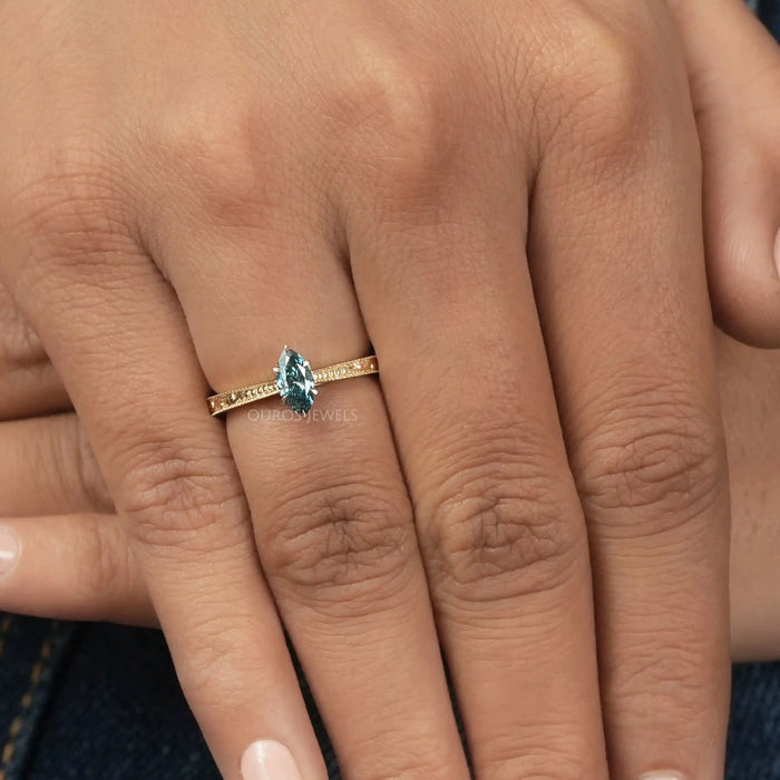 [A Women wearing Blue Marquise Cut Solitaire Engagement Ring]-[Ouros Jewels]