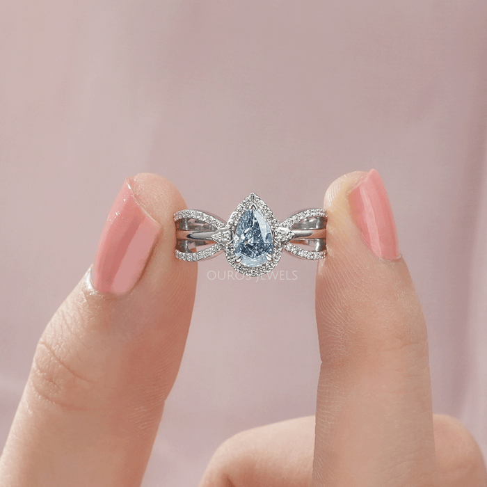 [Beautiful Front View Of Brilliant Shine Blue Pear Cut With Round Diamond Halo Engagement Ring Crafted With 925 Silver]-[Ouros Jewels]