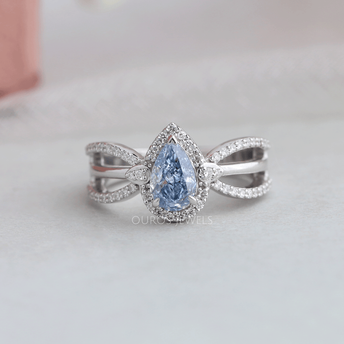 [Beautiful Front View 1 Carat Blue Pear Cut Lab Diamond Halo Engagement Ring]-[Ouros Jewels]