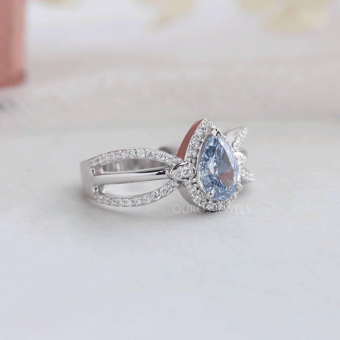 [Side Look Of 1 Carat Fancy Blue Lab Diamond With Round Cut Diamond Halo Engagement Ring]-[Ouros Jewels]