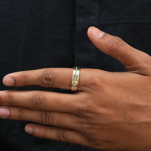 [A Men wearing Blue Diamond Channel Set Wedding Band For Men]-[Ouros Jewels]