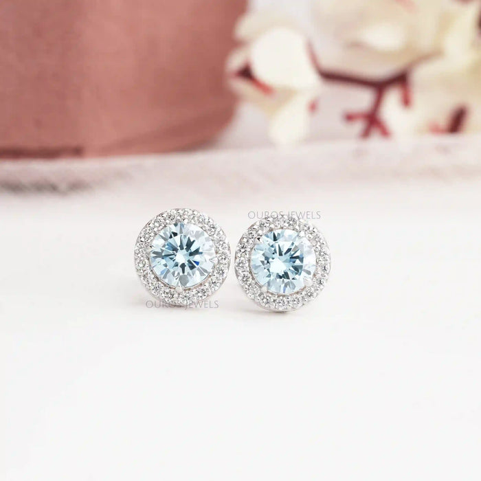 [Blue Diamond Round Halo Stud Earrings]-[Ouros Jewels]