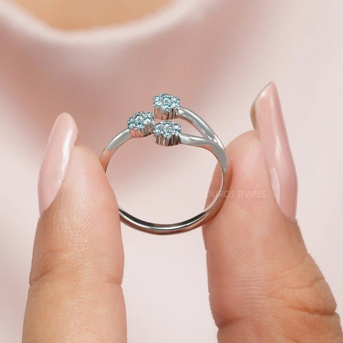 [A Women Holding Blue Round Cut Dainty Ring]-[Ouros Jewels]
