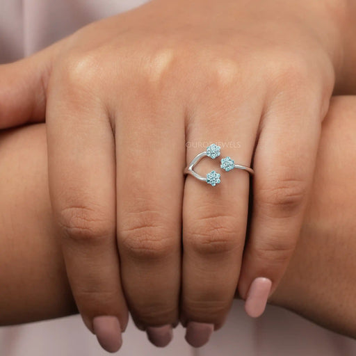 [A Women wearing Blue Round Diamond Open Cuff Dainty Ring]-[Ouros Jewels]