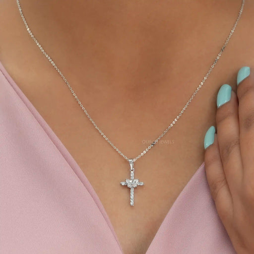 [A Women wearing Butterfly Cross Diamond Pendant]-[Ouros Jewels]