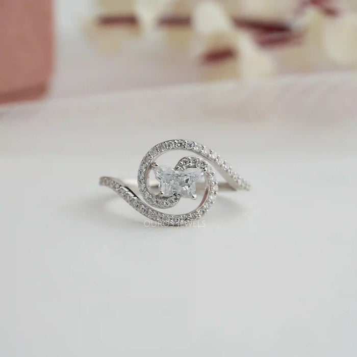 [Front View of Round Bypass Butterfly Shape Lab Diamond Ring]-[Ouros Jewels]