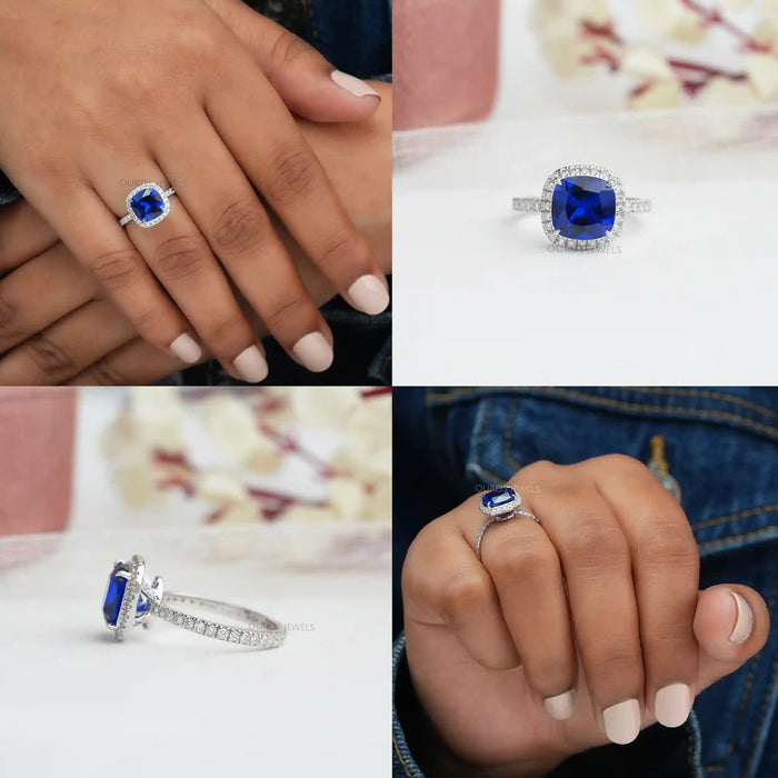 [Collage of Blue Cushion Cut Diamond Engagement Ring]-[Ouros Jewels]