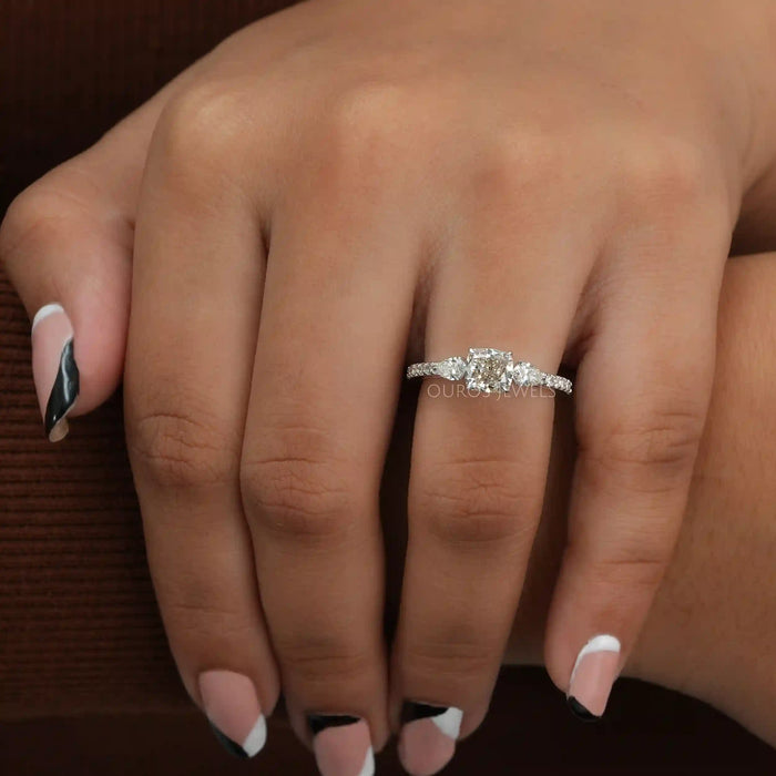 [A Women wearing Three Stone Lab Grown Diamond Ring]-[Ouros Jewels]