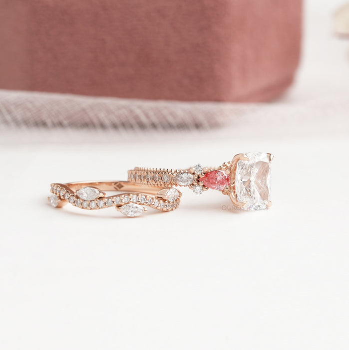 [Cushion Cut Diamond Ring with Pear Diamond Rose Gold Band]-[Ouros Jewels]