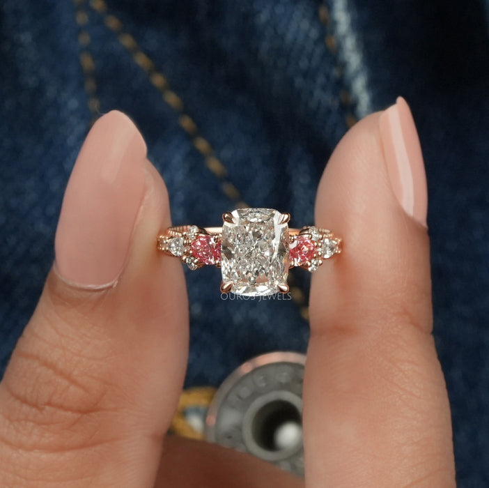 [Cushion Cut Diamond Accent Engagement Ring With Rose Gold]-[Ouros Jewels]