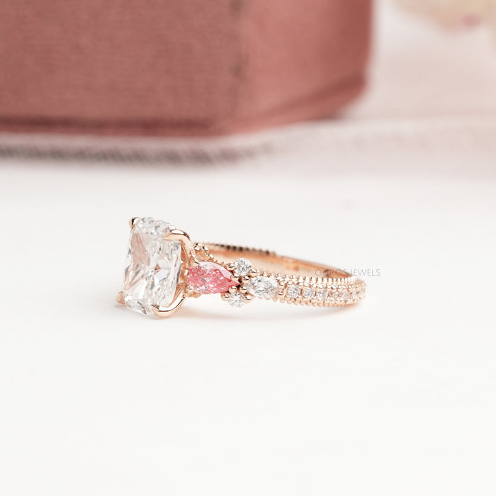 [Side View of Cushion Cut with Pink Pear Accent Diamond Ring]-[Ouros Jewels]