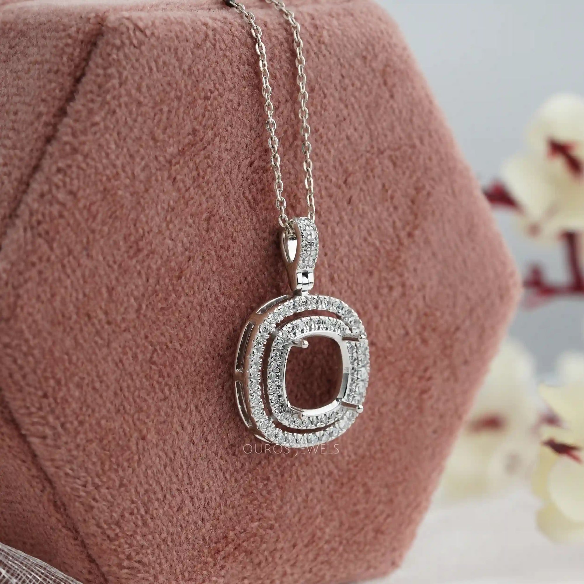 Cushion Shape Double Halo Semi Mount Pendant Necklaces