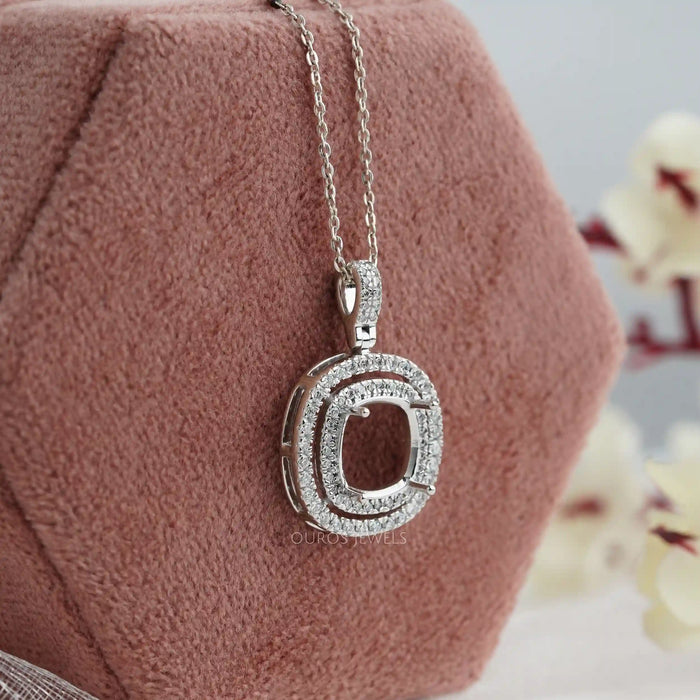 [Side View of Cushion Cut Semi Mount Halo Pendant]-[Ouros Jewels]