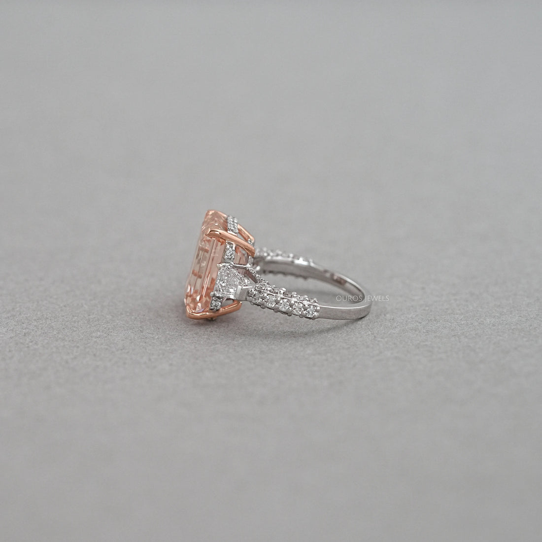 Pink Emerald Lab Diamond Three Stone Hidden Halo Ring Rings