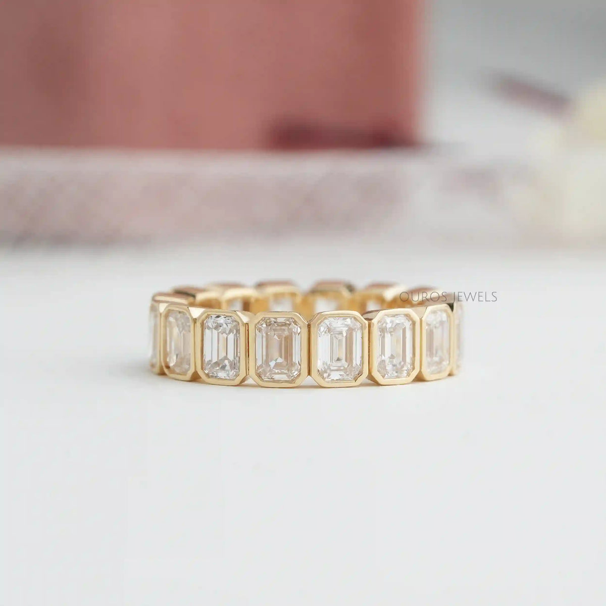 Bezeled Bezel Set Emerald Cut Diamond Wedding Band — Ouros Jewels
