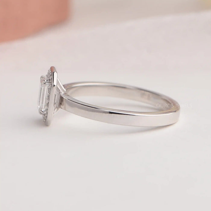 14k white gold band of emerald cut lab made engagement ring with halo setting