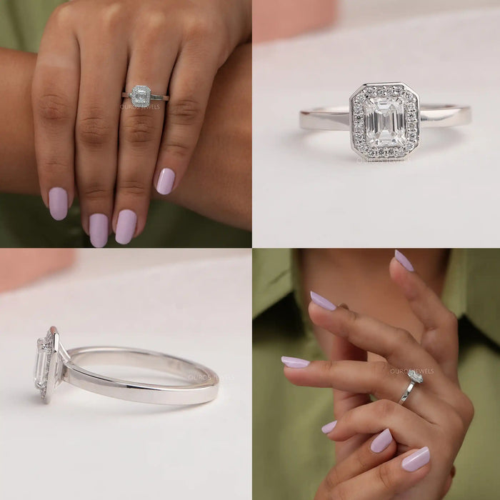 Collage of emerald cut lab diamond engagement ring