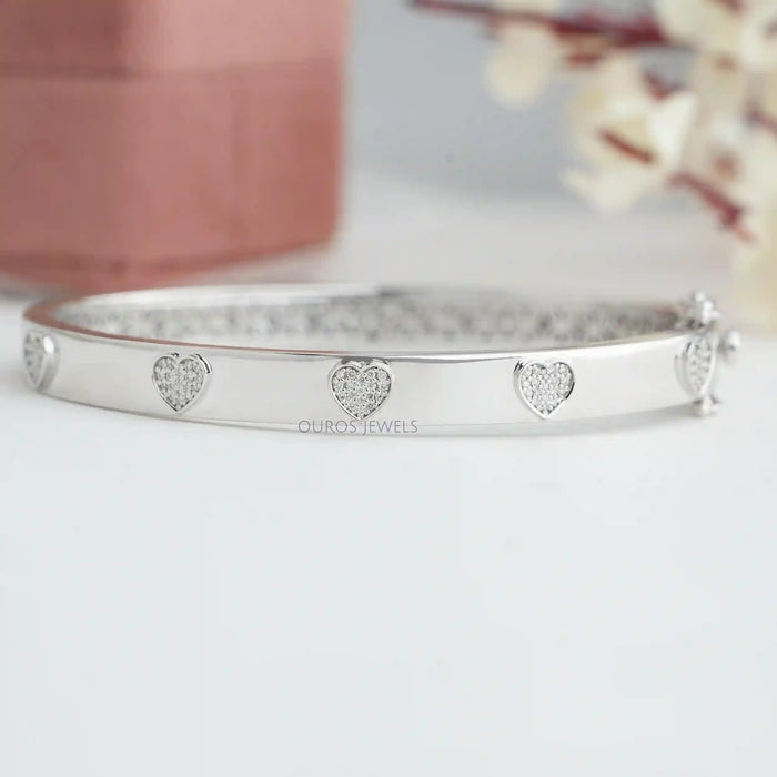 [Front View of Heart Shape Lab Diamond Bangle]-[Ouros Jewels]