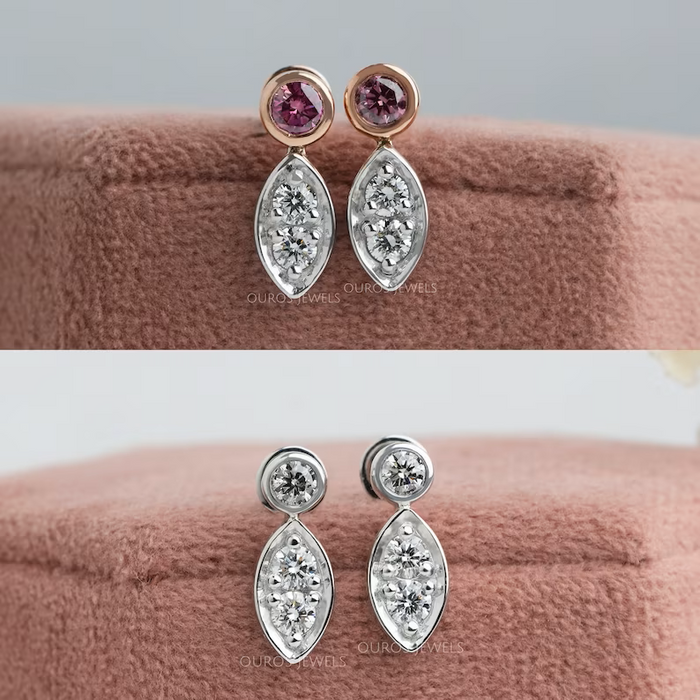 [Olive and Pink Round Diamodn TearDrop Earrings]-[Ouros Jewels]
