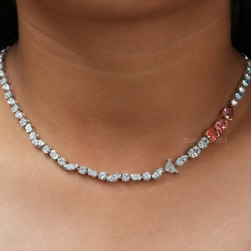 [ a woman's neck with a lab-diamond necklace]-[Ouros Jewels]