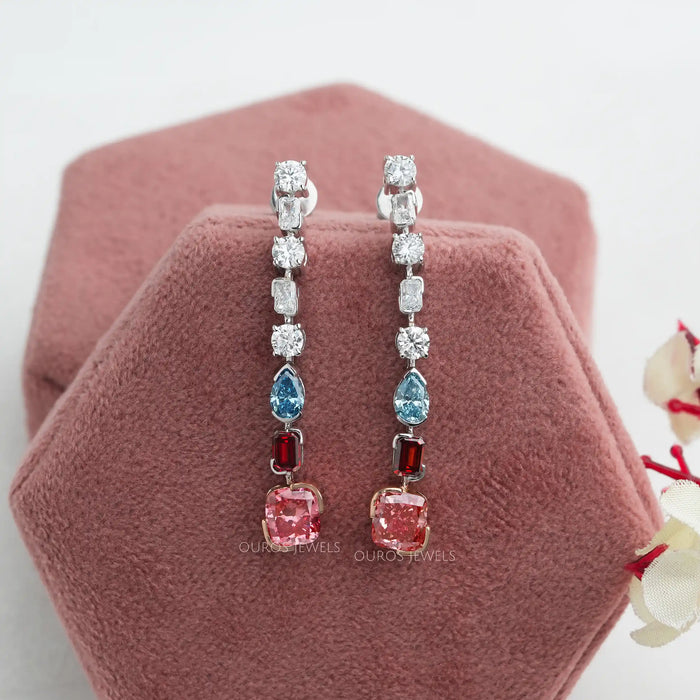 [a pair of earrings with pink, blue and red stones]-[Ouros Jewels]