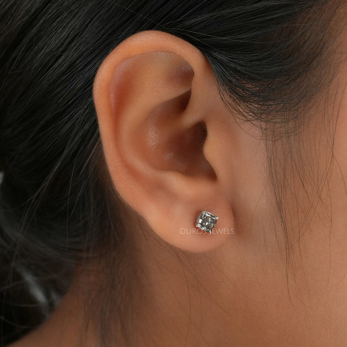[Olive Cushion Cut Lab Diamond Stud Earrings]-[Ouros Jewels]