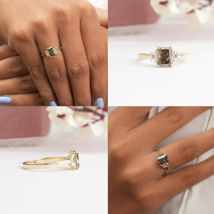[Olive Radiant Cut Lab Grown Diamond Three Stone Ring]-[Ouros Jewels]