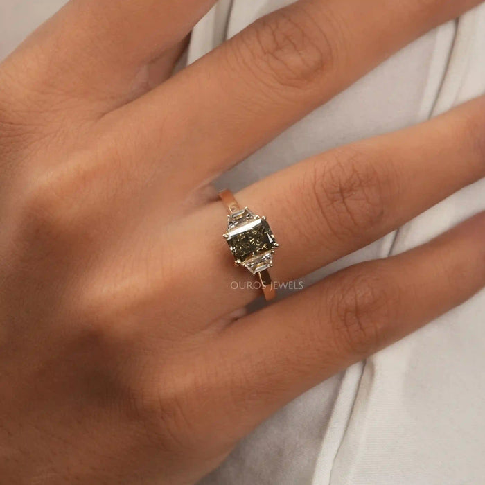 [Three Stone Olive Radiant Diamond Engagement Ring]-[Ouros Jewels]