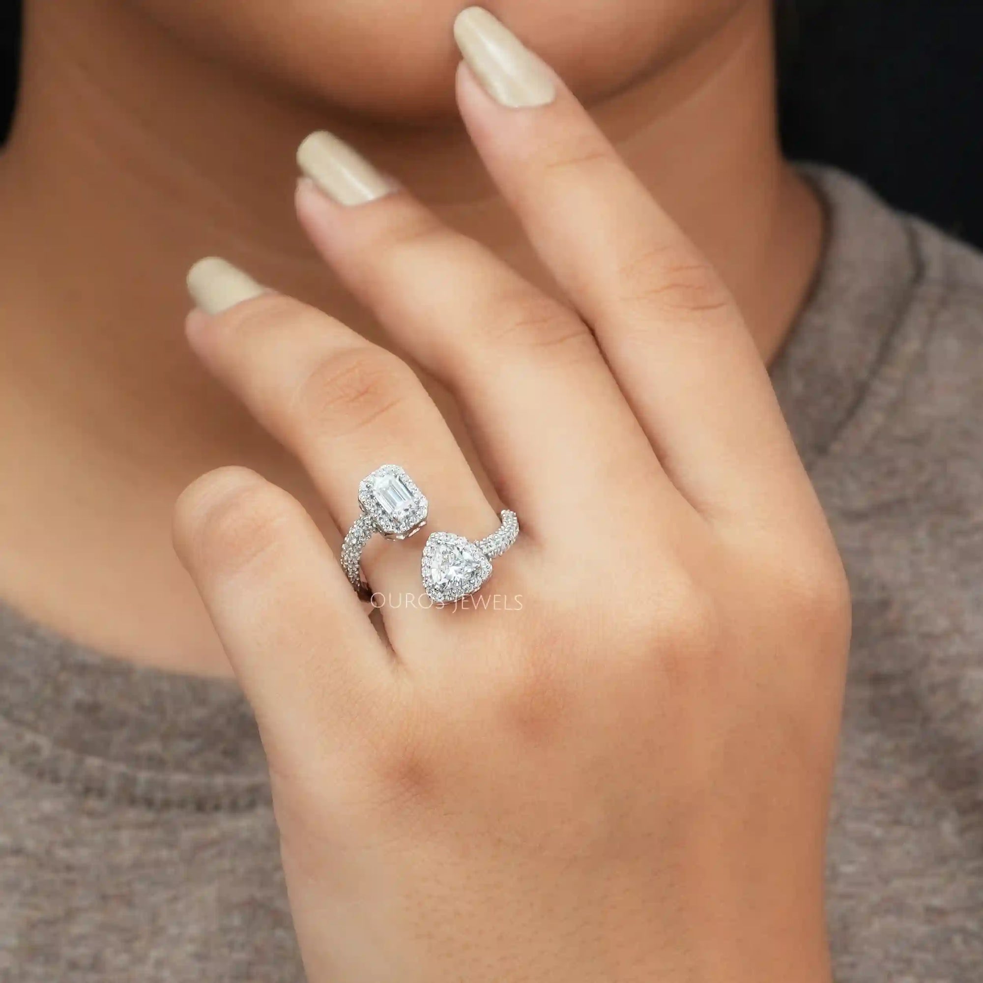 Emerald And Trilliant Cut Halo Lab Diamond Bypass Engagement Ring