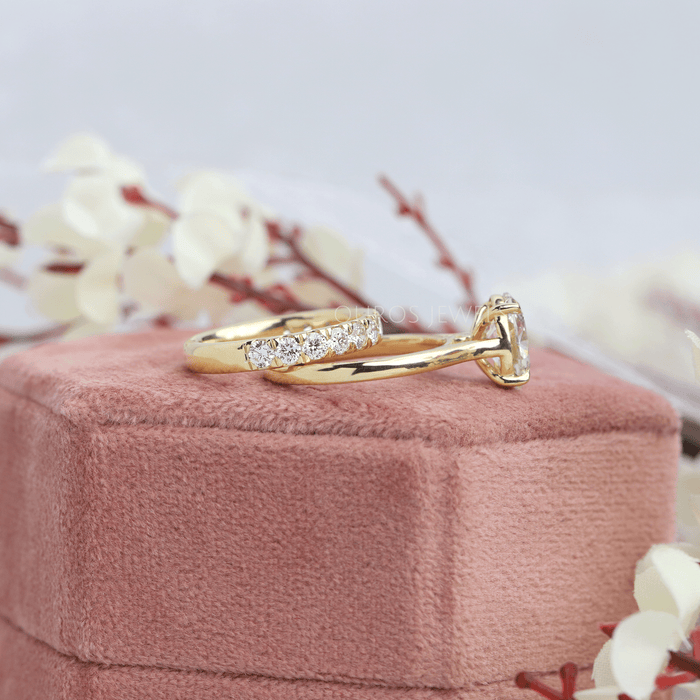 [Yellow Gold Oval Diamond Soitaire Ring With Half Eternity Matching Band]-[Ouros Jewels]