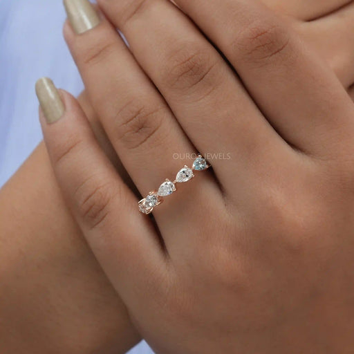 [A Women wearing Pear Cut Blue Diamond Dainty Ring]-[Ouros Jewels]