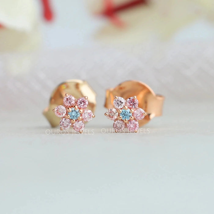 Pink & Blue Round Diamond Floral Earring