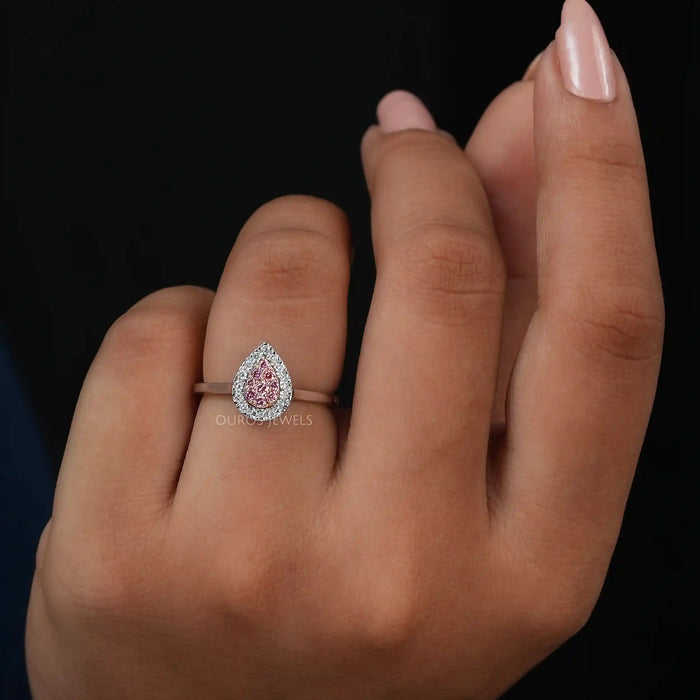 [A Women wearing Pink Pear Cut Engagaement Ring]-[Ouros Jewels]