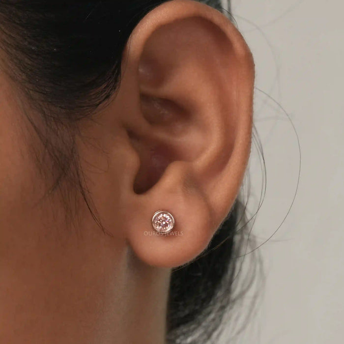 [Pink Lab Diamond Round Cut Bezel Set Earrings]-[Ouros Jewels]