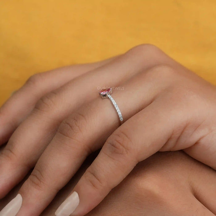 [A Women wearing Pink Kite Diamond Solitaire Accent Ring]-[Ouros Jewels]
