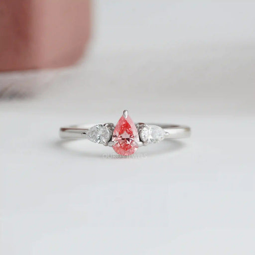 [Pink Pear Cut Three Diamond Engagement Ring]-[Ouros Jewels]