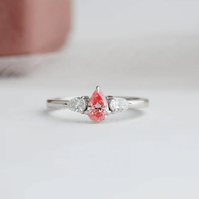 [Pear Shaped Pink Diamond Three Stone Ring]-[Ouros Jewels]