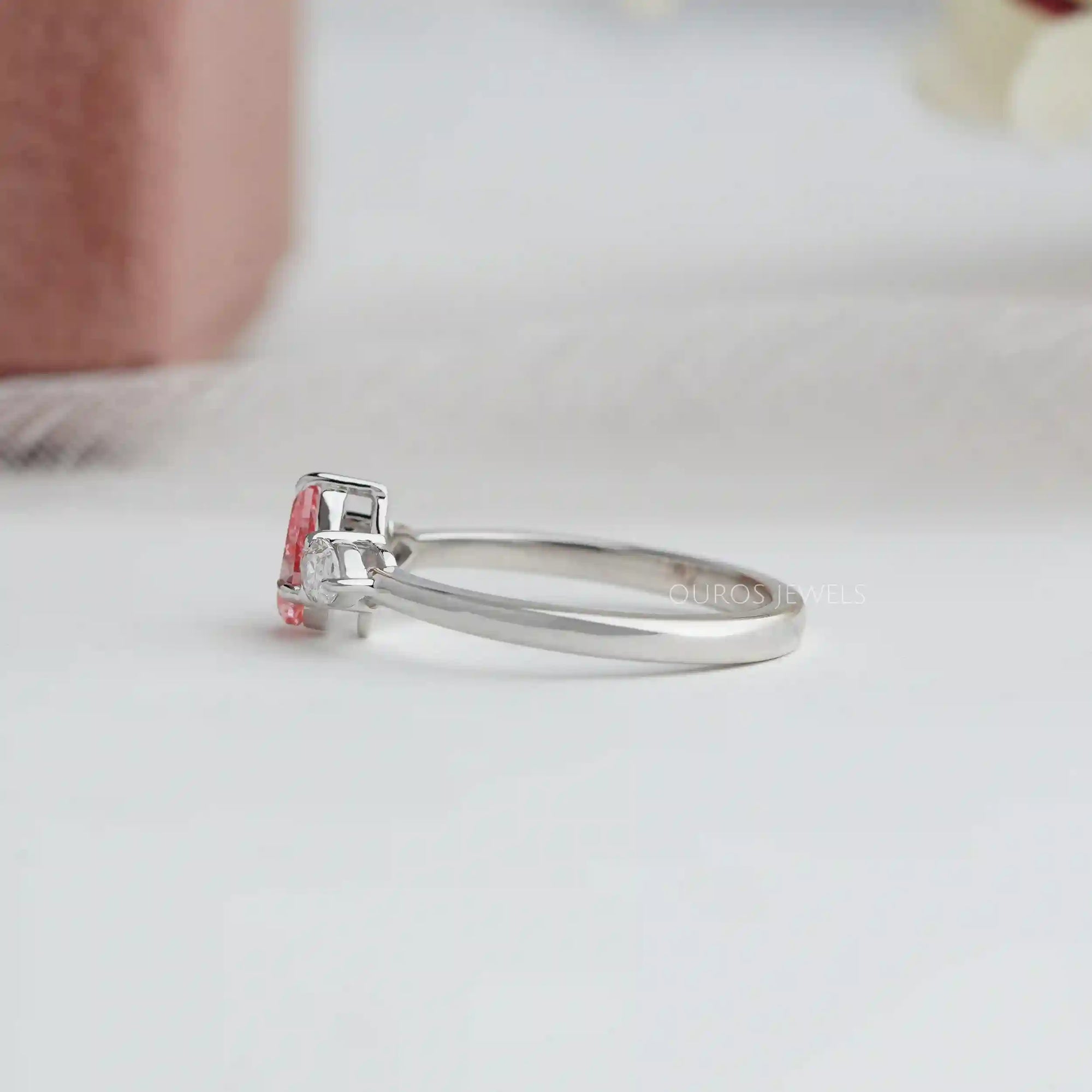 Pink Pear Cut Lab Diamond Three Stone Ring